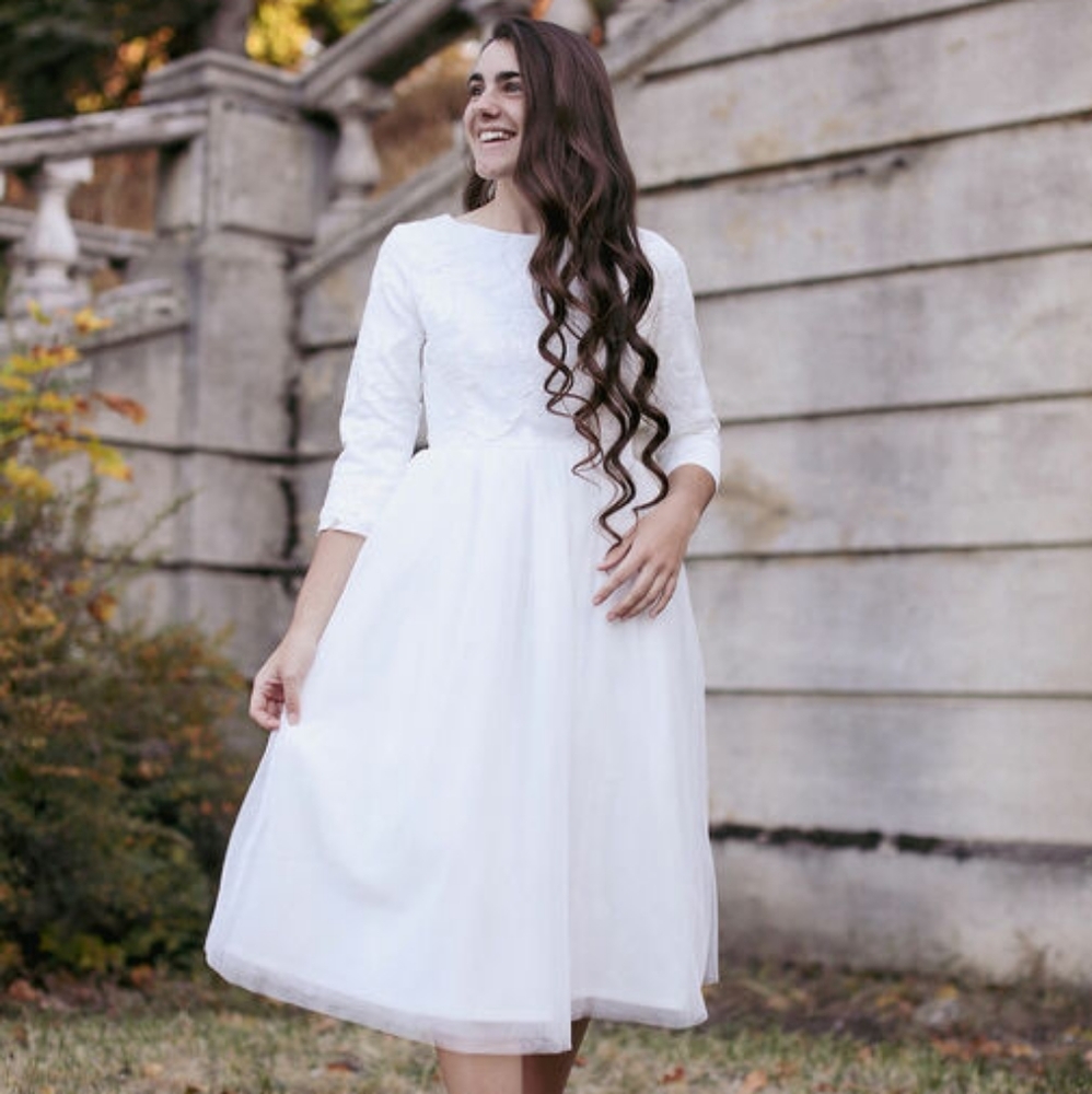 Dainty Jewells White Tea-Length Lace Wedding Dress